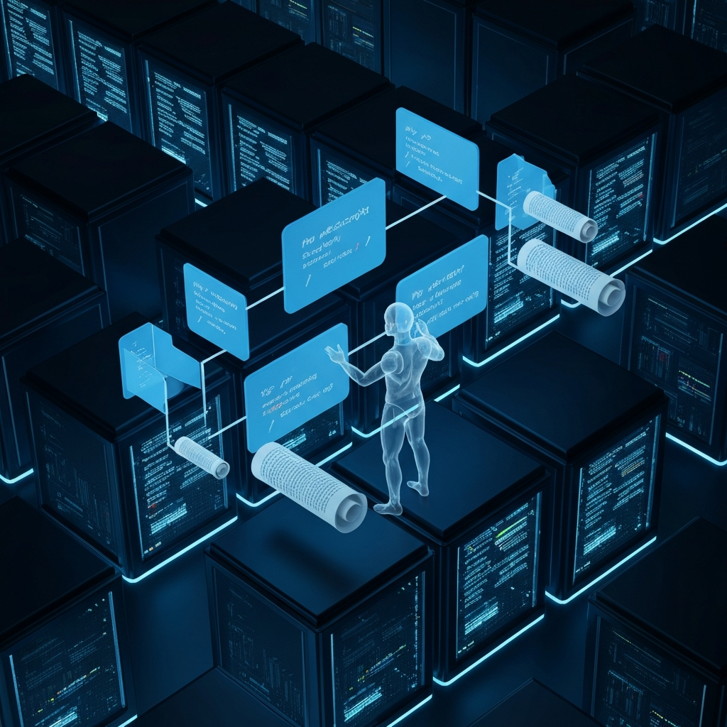 A 3D render of a stylized digital library or data center. Rows of glowing servers contain abstracted PHP and JavaScript code blocks. A transparent AI avatar is actively organizing and linking these code blocks to digital scrolls of documentation, illustrating automated documentation and knowledge management. Professional, clean, and forward-looking.