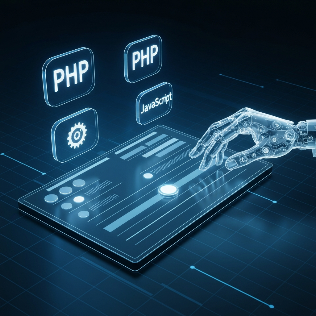 A sophisticated 3D render showing a futuristic, minimalist control panel with holographic PHP and JavaScript symbols floating above it. A transparent AI assistant's hand is gently guiding a digital slider, representing streamlined development. The background is a subtle, geometric grid, hinting at structured code. Professional and technical aesthetic.