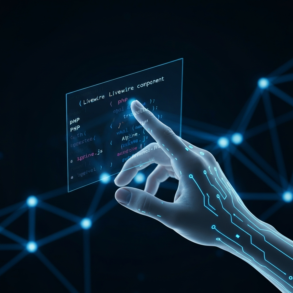 A close-up 3D render of a hand (human-like, but with subtle digital circuits visible) interacting with a holographic representation of a Livewire component. Code snippets for PHP and minimal Alpine.js are clearly visible, being 'suggested' or 'auto-completed' by glowing data streams emanating from the background, which shows abstract network connections.